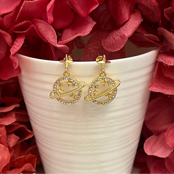 Crystal Planet Saturn and Gold Stars Dangle Earrings - Picture 8 of 16